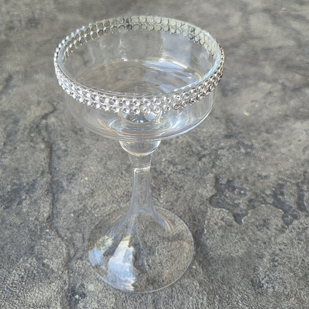 Vintage Clear Glass Candle Holder with Silver Rhinestone Accents